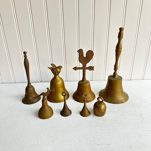 Vintage Brass Bundle of Church School Bells MCM Cute Shelf Decor - Picture 1 of 9